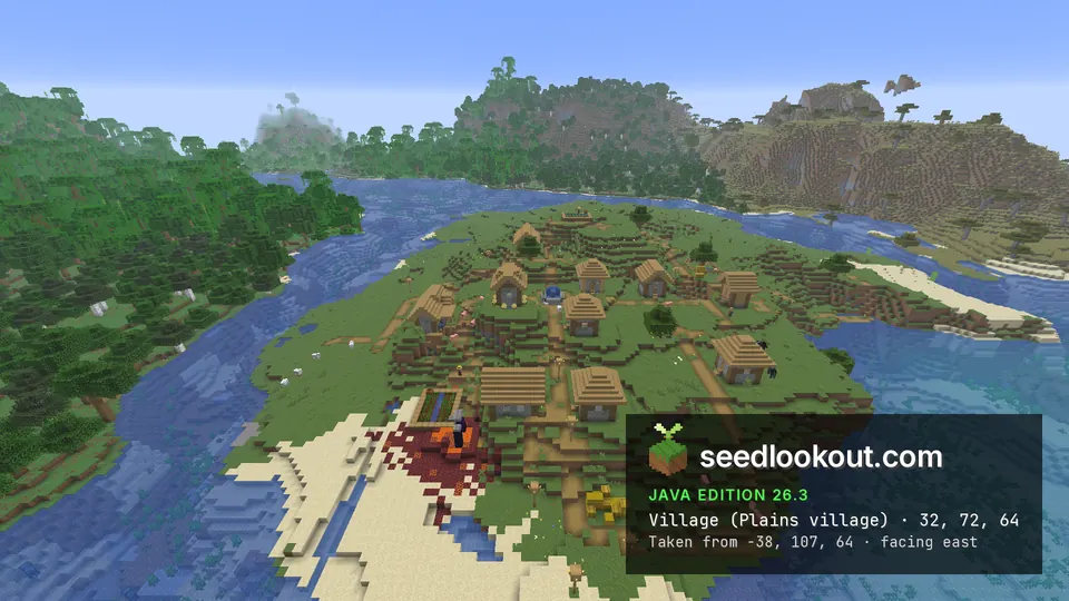 Plains village on a grassy peninsula, with a ruined portal by the sandy shore and wooded hills across water