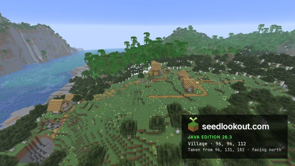Plains village houses and farms in a grassy clearing, with a bay, tall cliffs and jungle behind