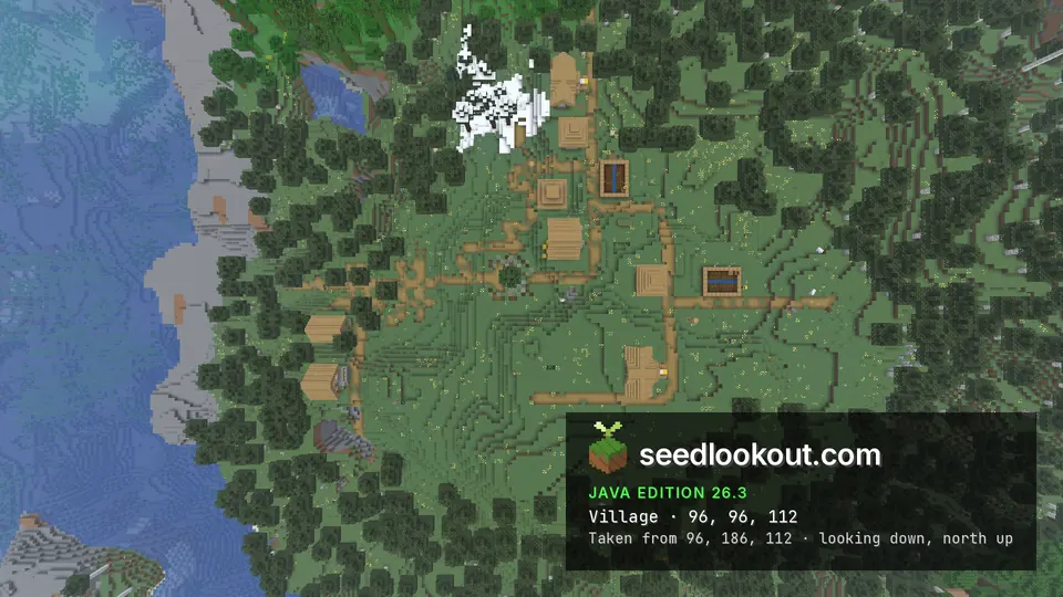 Overhead view of the village paths, houses and farms in a forest clearing beside the bay, north at the top