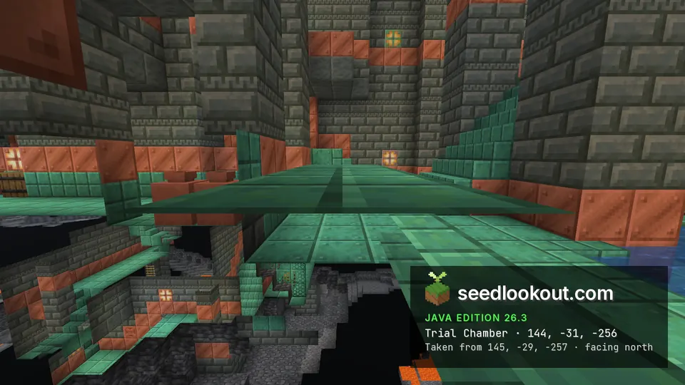 Spectator cutaway showing copper and tuff trial chamber walls with terrain clipping at the edges