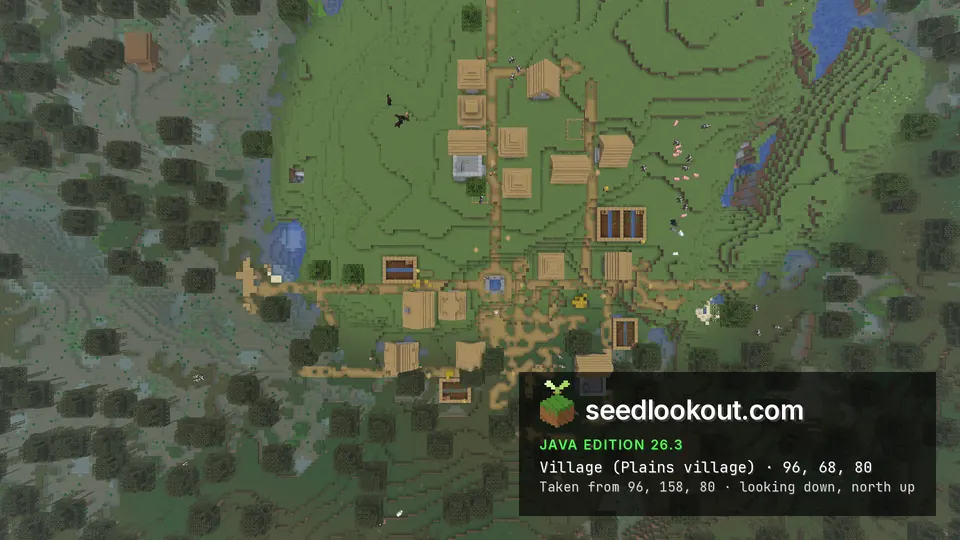 Overhead village roofs, farms and paths beside wooded ground and shallow swamp waterways