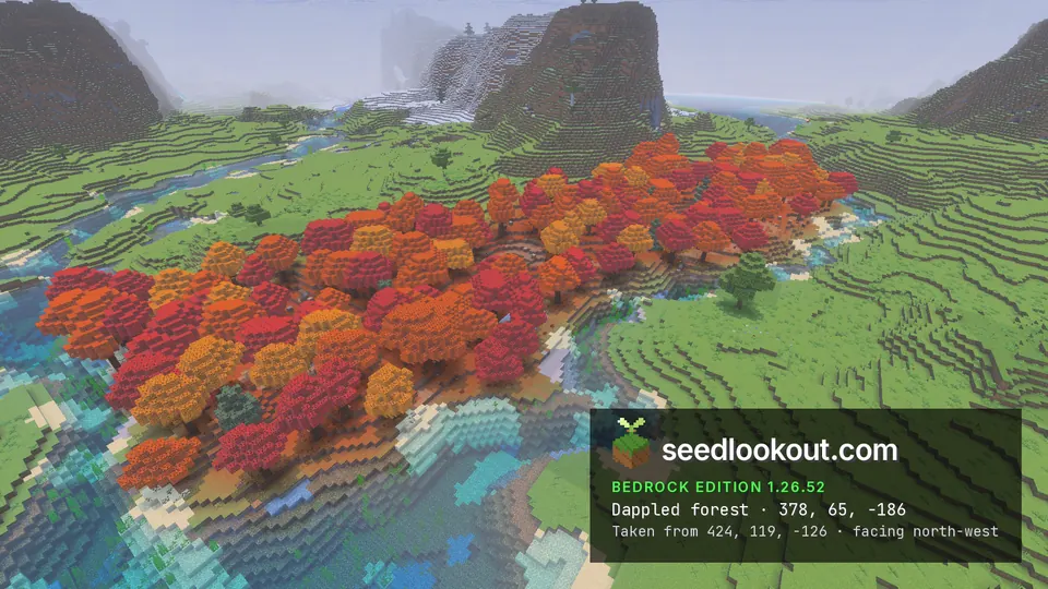 Red, orange and yellow dappled forest along a river, green hills and steep mountains around it