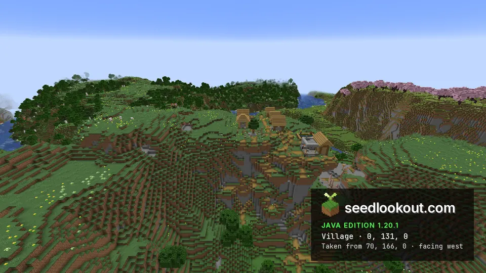 Village on rolling high ground above trees, with pink trees on a distant cliff