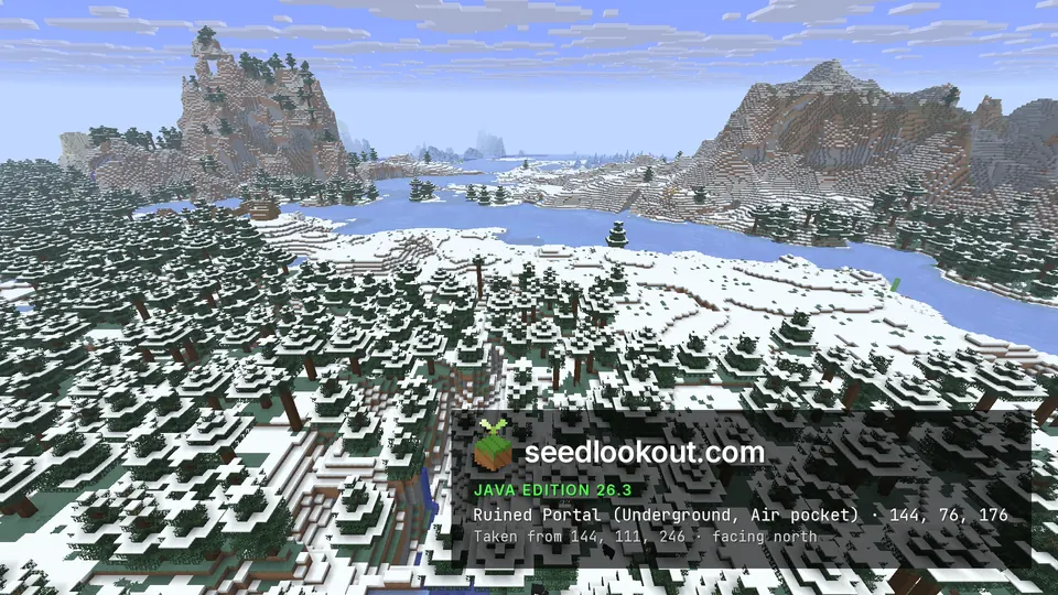覆雪杉木森林與冰湖,地平線上有高大岩石尖塔與棕色山脈