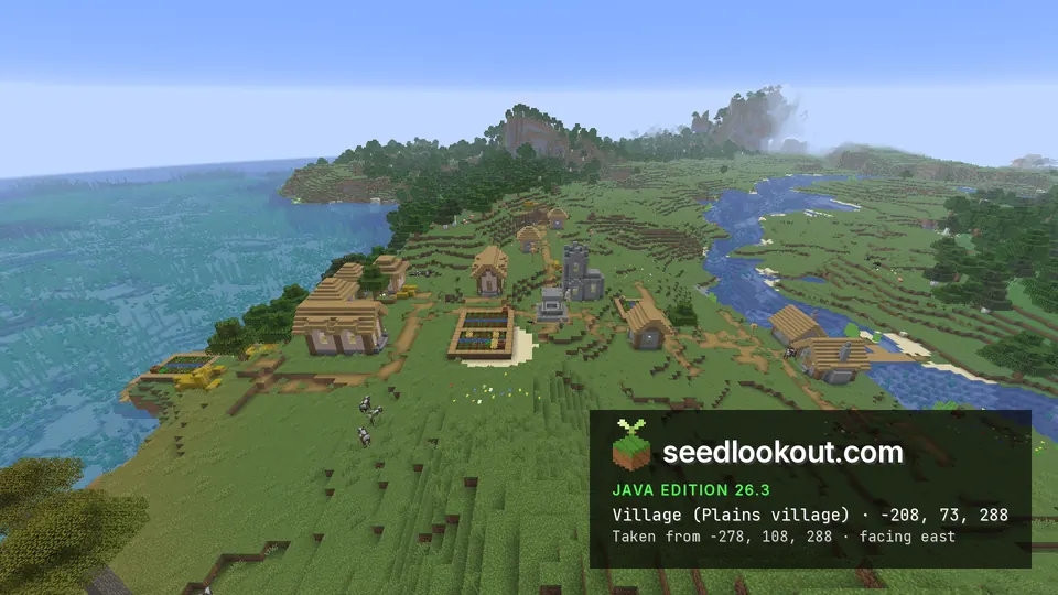 Plains village houses and paths on rolling green coastal hills above a river and open water