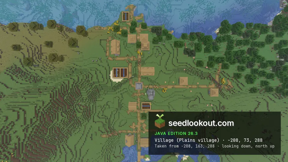 Overhead view of plains village houses and paths spread across coastal slopes beside a river