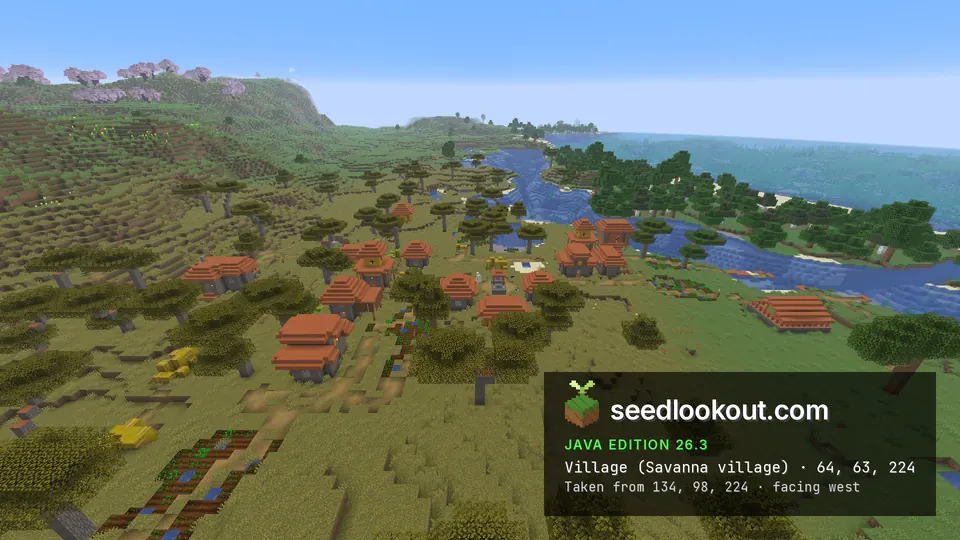 Orange-roofed savanna village buildings seen from the east across water channels and grassy terrain
