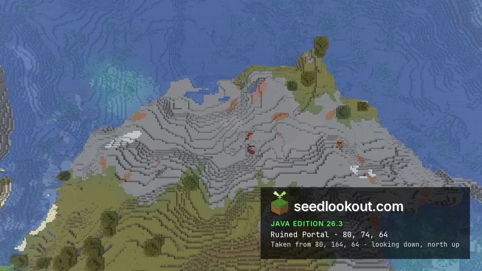Overhead view of a ruined portal of obsidian and magma in the middle of a bare stone headland in the sea