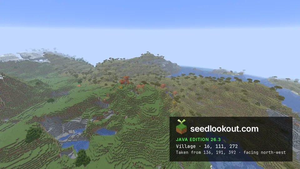 Savanna village with orange roofs on a green hilltop among acacia hills, the sea right and snowy peaks far left