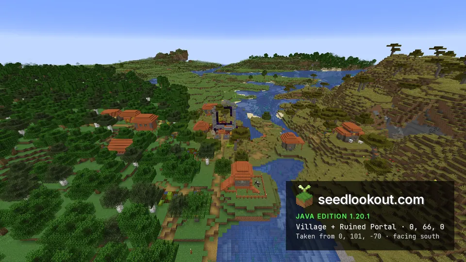 Minecraft Java 1.20.1 中沿河分布的莽原村莊,橘色屋頂房屋之間有已破壞的傳送門
