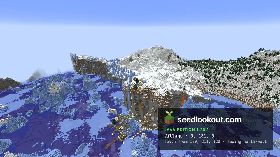 Zaśnieżony kamienny nadmorski klif z wioską schodzącą na zamarznięty ocean pełen gór lodowych, Minecraft Java 1.20.1