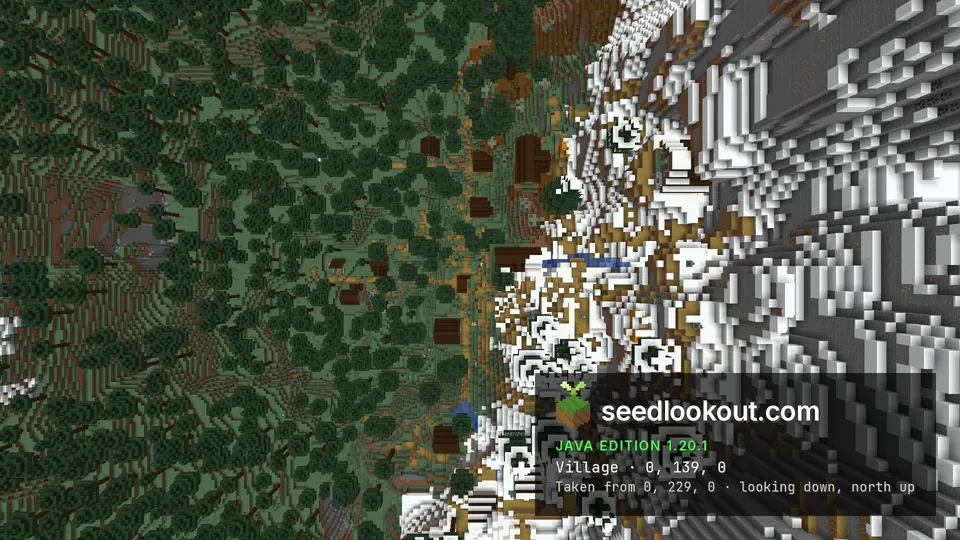 Overhead taiga village layout along the boundary between snowy mountain and spruce forest