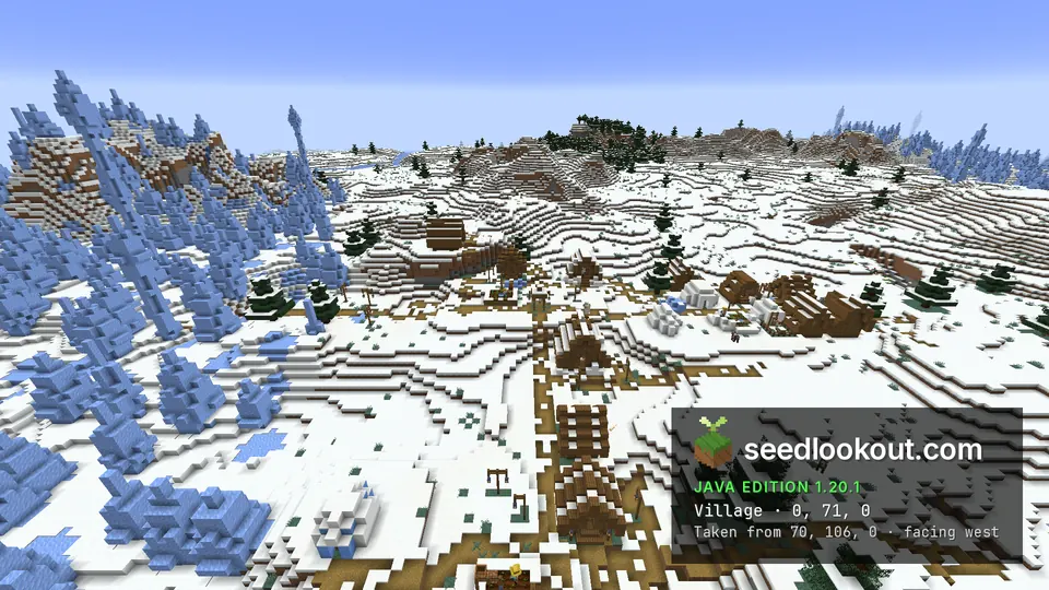 Wooden village buildings and snow-covered roofs on a snowy slope beside blue ice formations