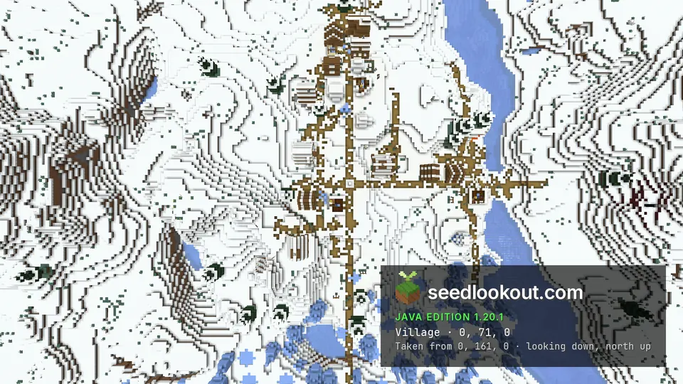 Overhead view of snowy village buildings and paths spreading beside frozen water and spruce trees