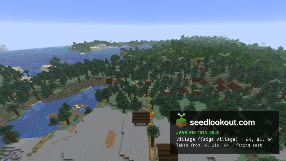 Taiga village roofs and paths between dense spruce forest and a broad gray stone coastline