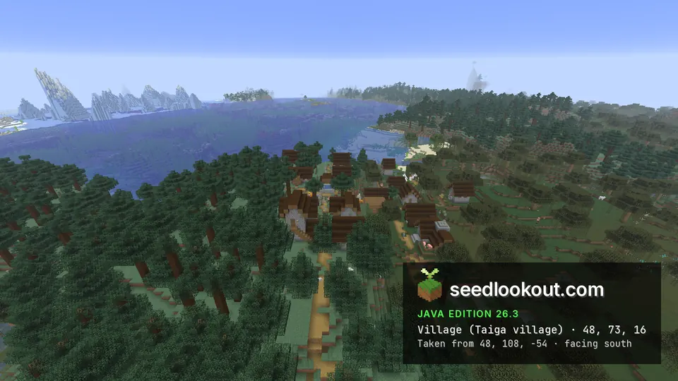 Taiga village roofs, paths and farms between spruce trees, swamp canopy and a coastline beside open water