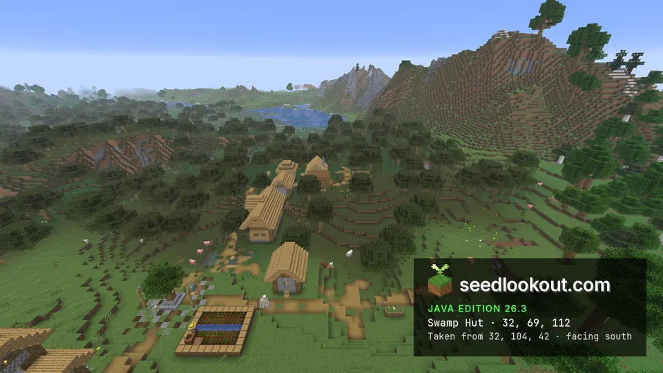 Village buildings and swamp trees around the checked hut area, with the hut not clearly distinguishable