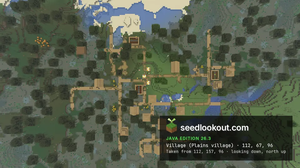 Overhead view of village paths, houses and water channels among trees in low swamp terrain