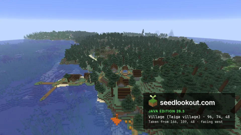 Spruce village buildings seen through a dense forest canopy with coastal ground beyond