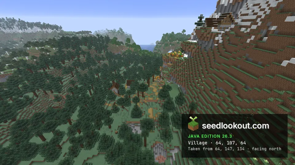 Spruce houses along paths in a forested valley under a steep mountainside, a pumpkin patch on a ledge