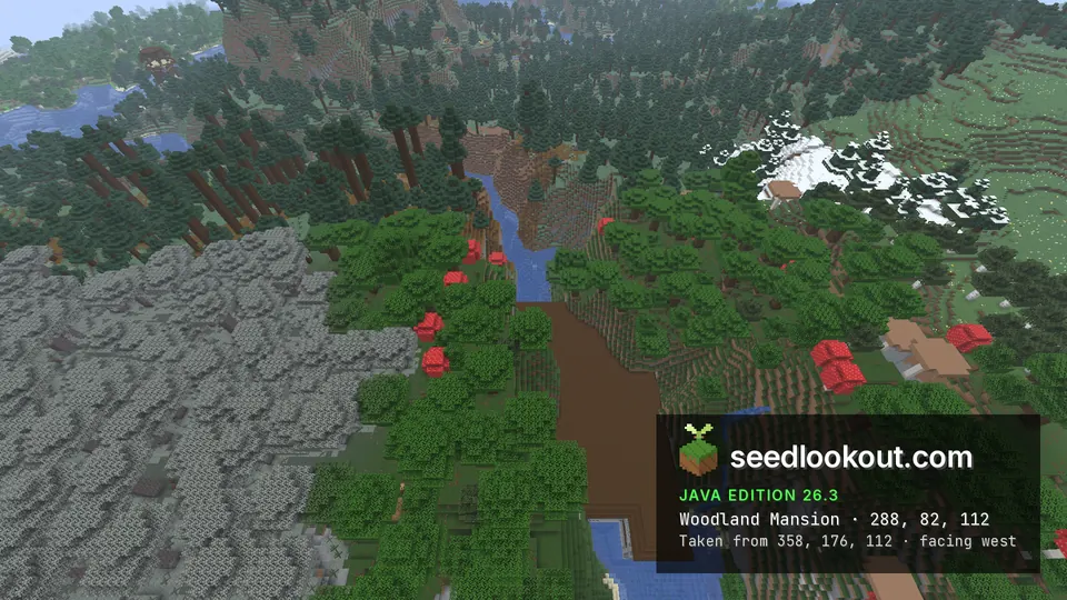 Long woodland mansion roof in dark forest with giant red mushrooms, a river beside it and grey-leaved trees to the left