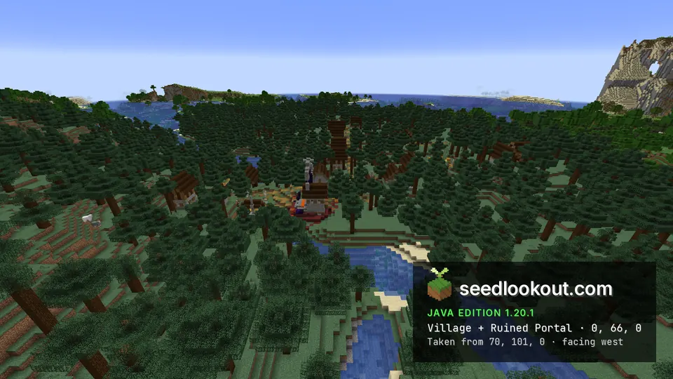 Minecraft Java 1.20.1 中的針葉林村莊與已破壞的傳送門,從東方隔著穿過杉木森林的河流看