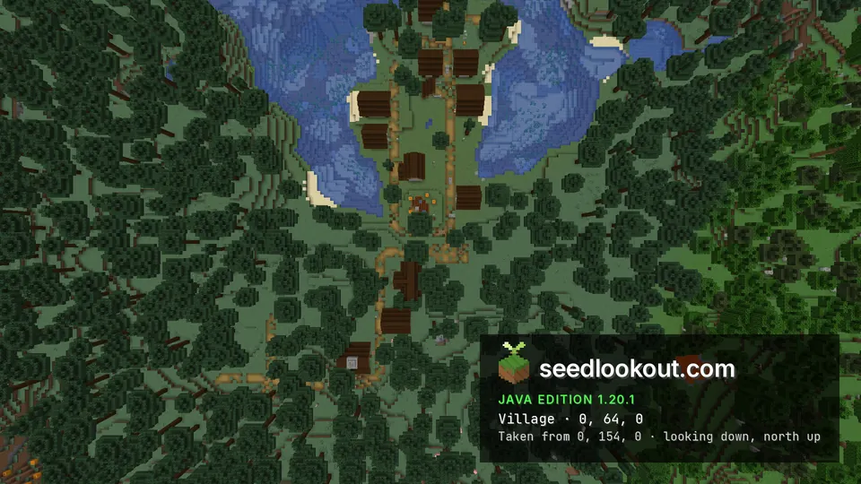 Overhead village layout along the wooded strip with water on both sides
