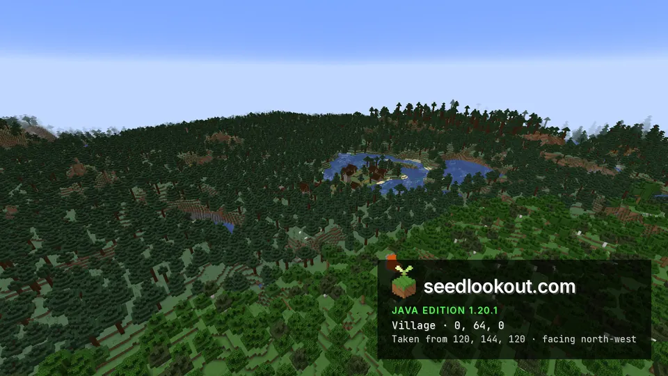 Wide forest and waterside village view with a small lava pool nearby