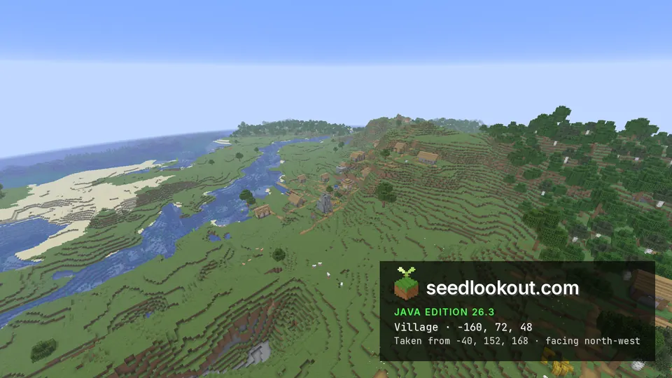 Wide view along the river valley with village houses on the hillside, sand dunes and the sea beyond