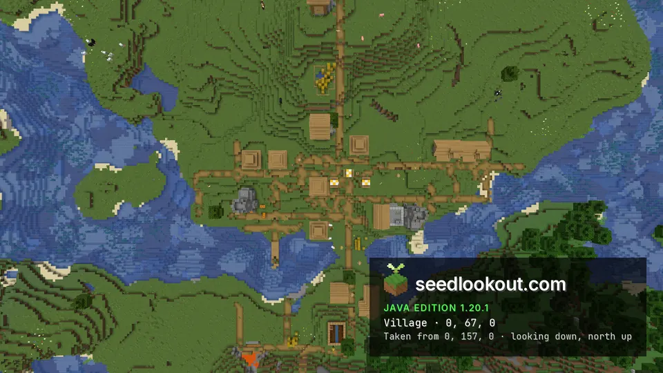 Widok z góry na skrzyżowanie w wiosce na równinach otoczonej rzekami w Minecraft Java 1.20.1