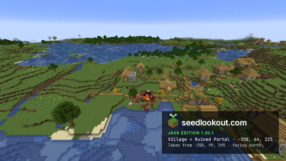 河岸平原村莊水井旁有已破壞的傳送門、地獄石與岩漿，Minecraft 種子碼 4698916
