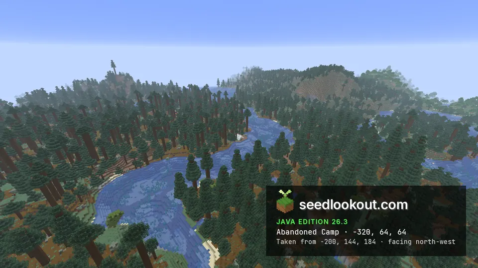 Wide river bend with a small white camp tent on the bank and tall spruce trees on both sides