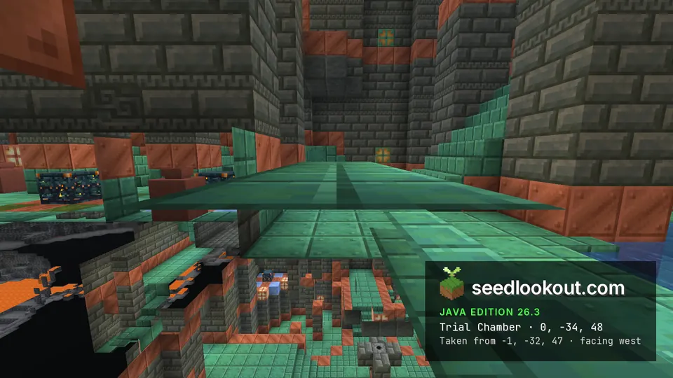 Spectator cutaway showing copper and tuff trial chamber blocks beside clipped underground terrain
