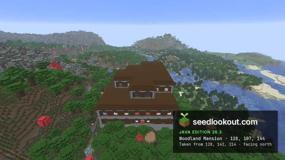 South side of the woodland mansion in dark forest, with a river and sandy coast to the right