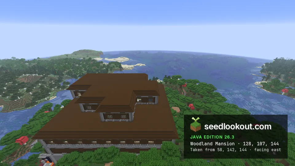View east over the mansion roof to a wide bay with sandy and forested shores
