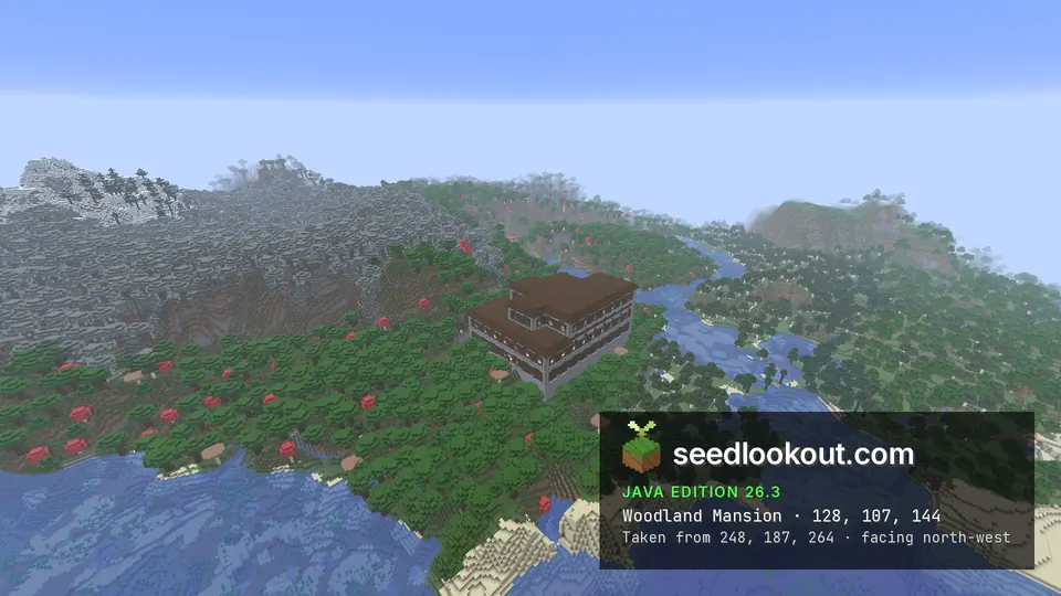 Woodland mansion in dark forest with giant red mushrooms, a grey-leaved hillside to the left and the sea in front