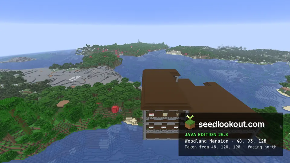 Woodland mansion rising from the water, with a grey stone shore and mushroom forest behind
