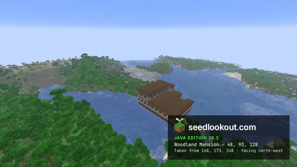 Wide view of the mansion standing in a bay between jungle, grey stone and mushroom-covered shores