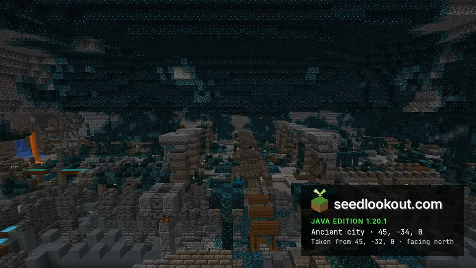 Pradawne miasto z murami z łupku i sculkiem pod ciemnym sklepieniem jaskini, Minecraft Java 1.20.1