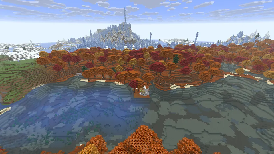 Small tent on a ledge at a lake's edge, red and orange trees behind and a field of blue ice spikes beyond