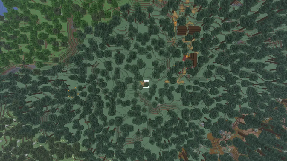 Top-down view of dark spruce forest with a small white tent in a gap and village roofs to the right