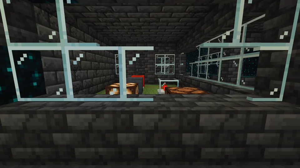 Deepslate brick room seen through glass panes, with a moss floor and sculk blocks in the walls