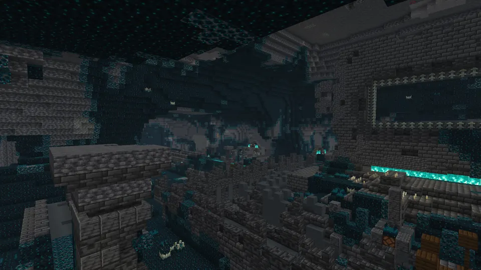 Reinforced deepslate frame and sculk in an ancient city