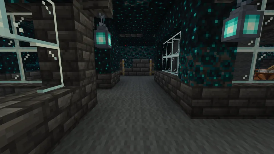 Deepslate brick corridor with glass panes, soul lanterns and a sculk-covered ceiling underground