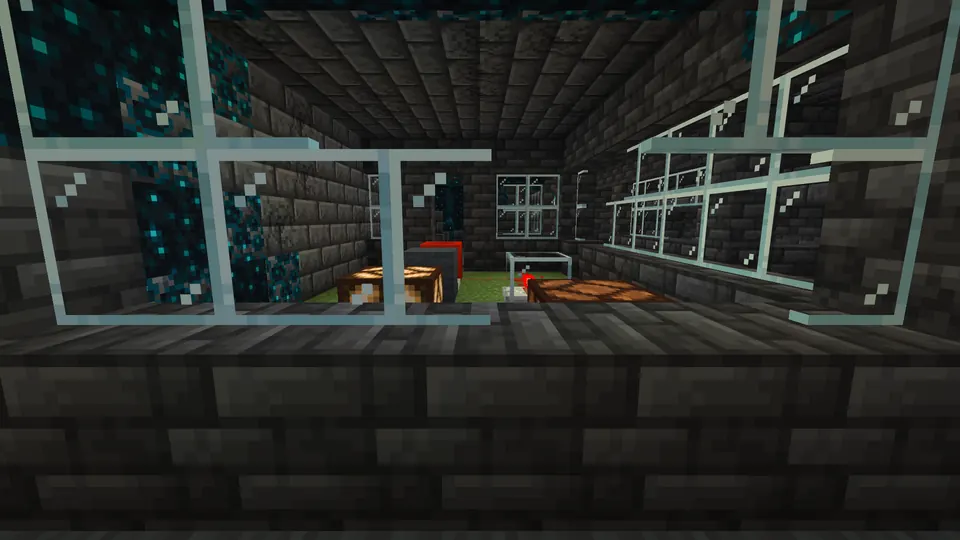 Deepslate brick room seen through glass panes, with sculk in the walls and a moss floor