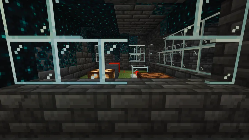 Deepslate brick room seen through glass panes, with dark sculk blocks on the back wall