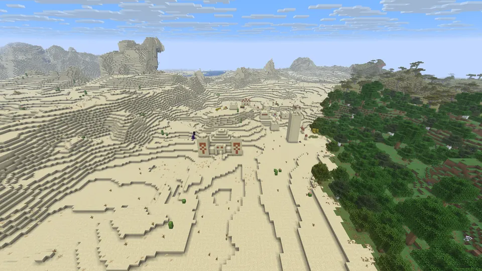 Sandstone desert pyramid with orange-patterned towers, obsidian beside it, village houses beyond and forest to the right
