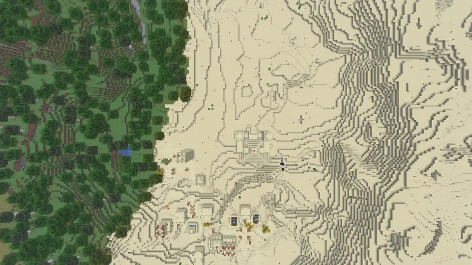 Top-down view of desert with the square pyramid, village houses to the south and forest along the west edge