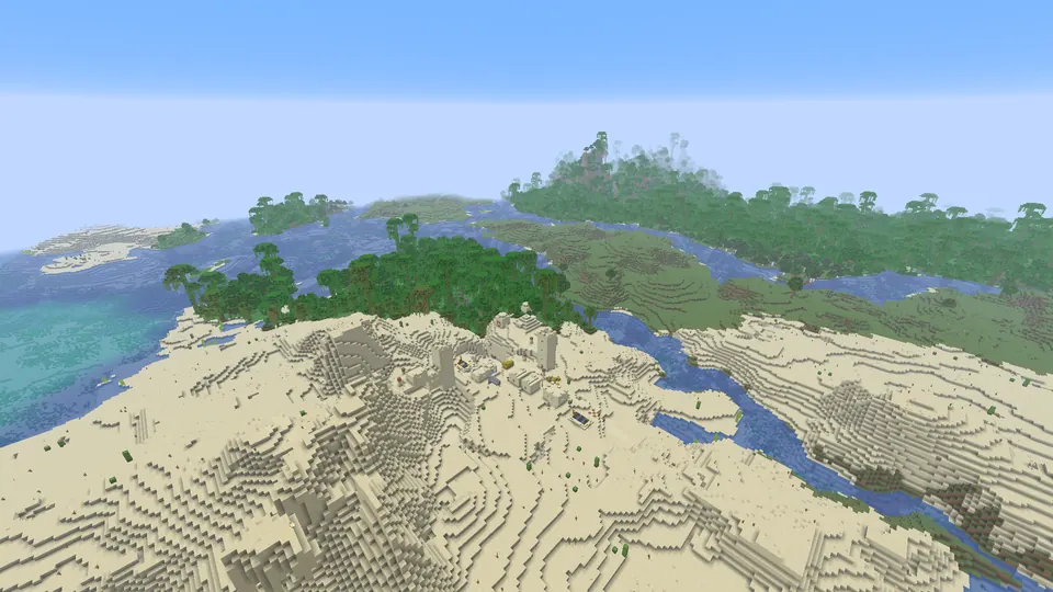 Wide desert valley with tall dunes and village buildings around the checked temple area