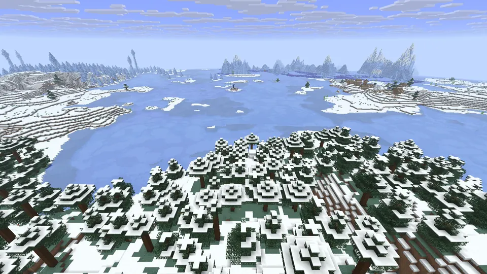 Snow-covered spruce treetops in front, a frozen bay beyond with the portal islet and icebergs on the horizon